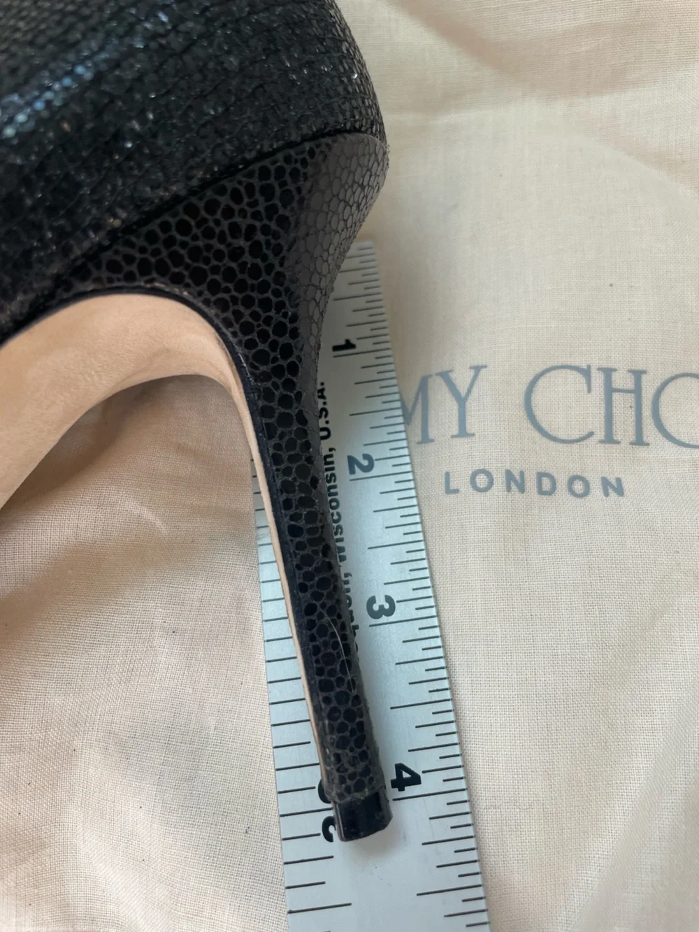 JIMMY CHOO LONDON 247 LUNA Black Glitter Fabric Peep Stiletto Pumps Leather 6.5